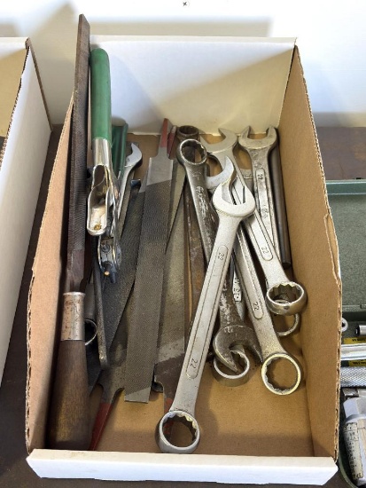 BOX WITH COMBINATION WRENCHES, VARIOUS SIZES, HOLE PUNCH, CRESCENT WRENCH AND FILES