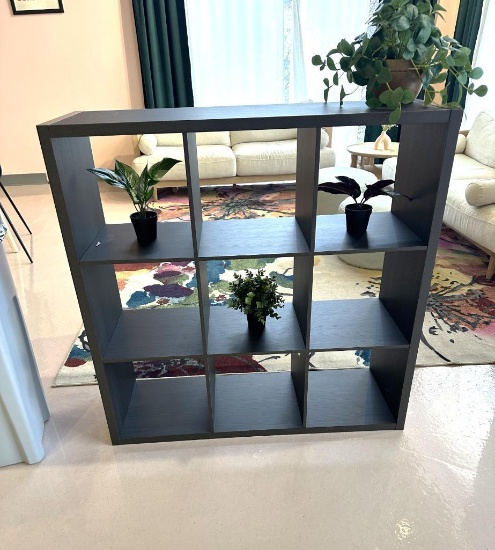 BOOKCASE, BLACK WOODGRAIN LAMINATE, WITH 9-CUBBIES, 14-5/8"D X 43-3/4"W X 43-78"H