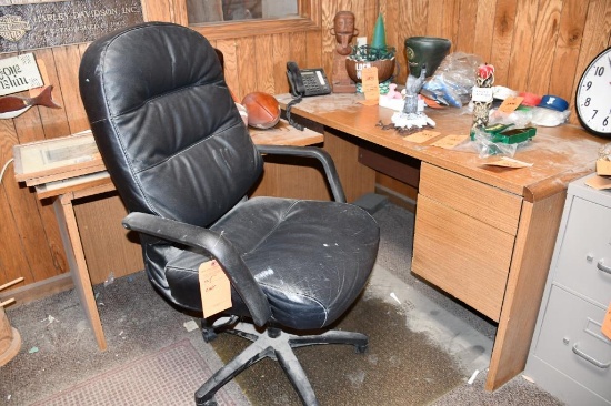 DESK, "L" SHAPED, 5' X 30", 2 DRAWER, 42" X 26" & BLACK CHAIR