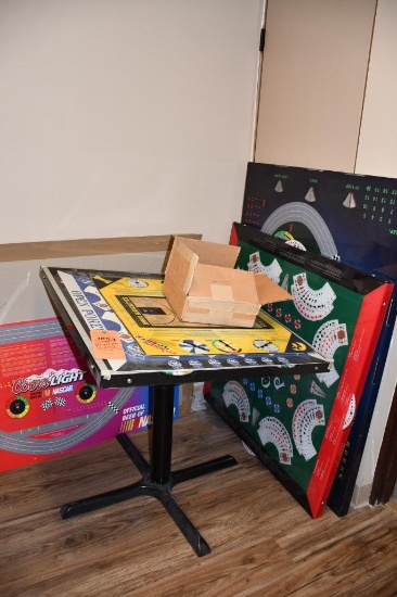 IN CORNER: GAME TOPS, TABLE BASE W/BRONKO'S SPINNER GAME, MULTIPLE DIFFERENT GAME TOPS