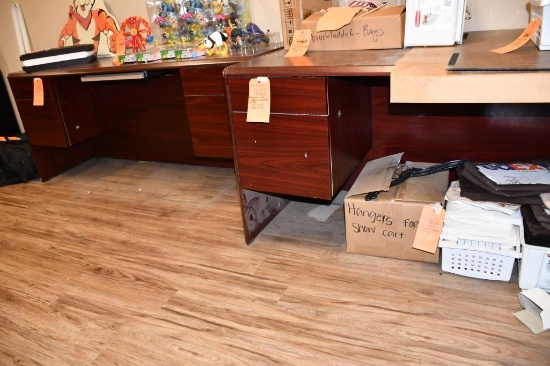 (2) CHERRY WOOD DESKS, 4 DRAWERS, EACH 36" X 73" & 23" X 71"
