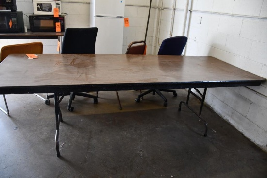 BROWN WOOD TABLE, METAL BASE, FOLDING, 8' X 3'