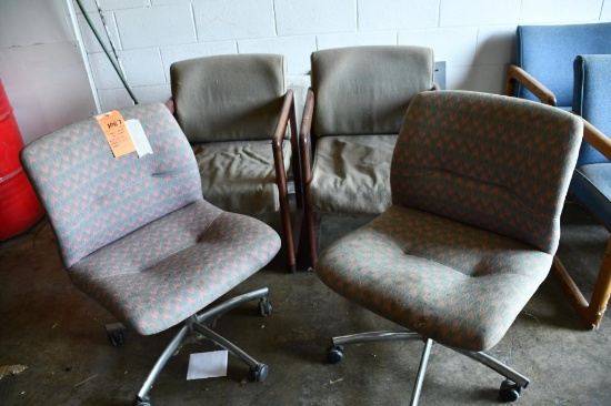 (2) MULTI COLORED FABRIC CHAIRS ON WHEELS & (2) OLIVE COLORED ARM CHAIRS