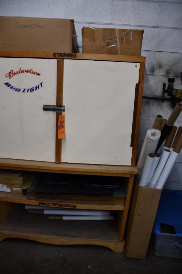 WOODEN CABINET W/ASSORTED DISPLAYS BOX OF CARDBOARD TUBES, 60"H X 45"W X 22"D