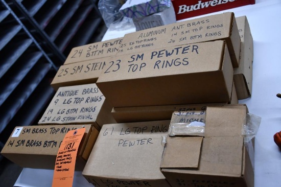 BOXES OF ASSORTED BRASS, PEWTER, ALUMINUM PARTS FOR TAP HANDLES, RINGS, HORN STEINS
