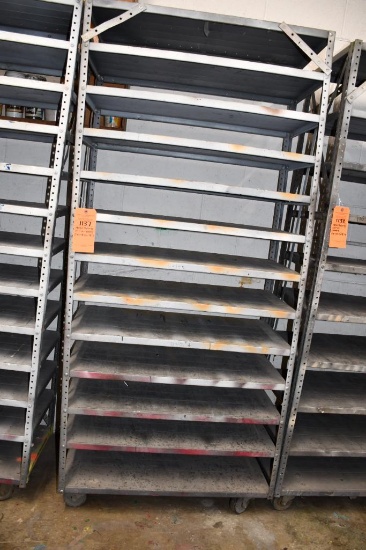 METAL SHELVING UNIT ON CASTERS, 3'W X 18"D X 78"H