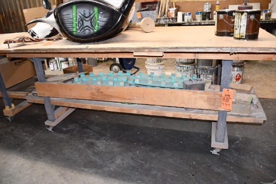 2 TIER TABLE/CART, WOOD SHELVES, METAL FRAME, 3" CASTERS, NO CONTENTS!, 38"H X 96"L, 48"W
