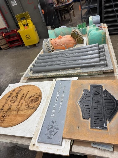 TOP SHELF - THIS TABLE: ASSORTED MOLDS OF HARLEY DAVIDSON, BUD BASEBALL BATS,