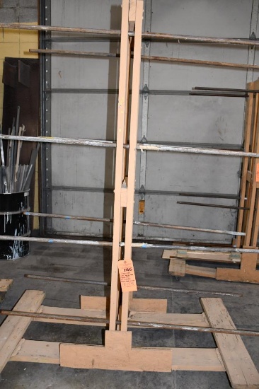 HOME MADE WOOD/METAL PIPE DRYING RACK, 4" CASTERS, 16 SECTIONS OF PIPE, 77"H X 60"L X 35"W