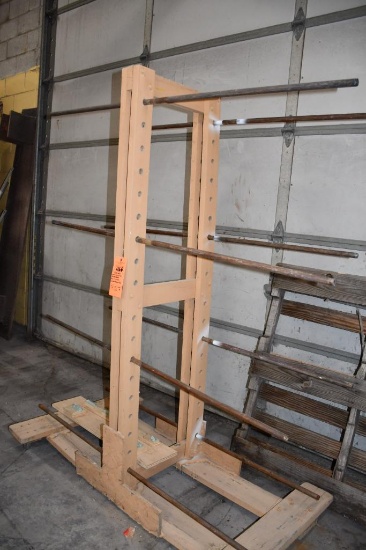 HOME MADE WOOD/METAL PIPE DRYING RACK, 2" CASTERS, 16 SECTIONS OF PIPE, 74"H X 58"L X 34"W