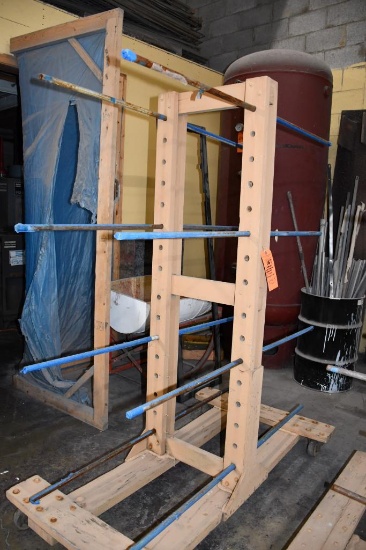 HOME MADE WOOD/METAL PIPE DRYING RACK, 4" CASTERS, 16 SECTIONS OF PIPE, 72"H X 58"L X 34"W