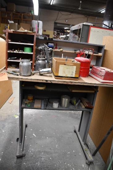 CONTENTS ON TABLE & TABLE (IF WANTED): PNEUMATIC SPRAYER & PAINT BOOTH SUPPLIES