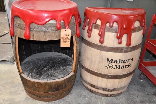 (2) MAKERS MARK DISPLAY BARRELS: 1-ACTUAL OAK BARREL W/CUT OUT, 1-URETHANE SPLIT BARREL, BOTH W/WAX