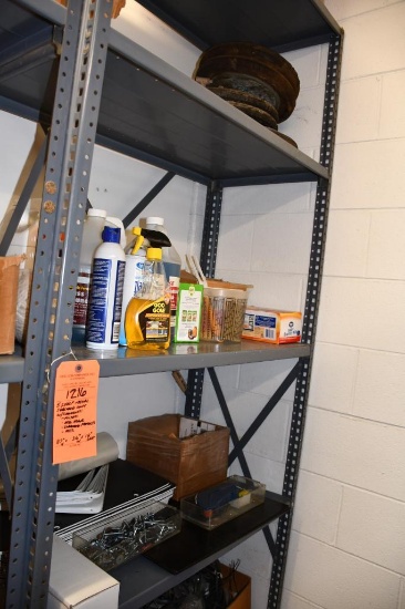 5 SHELF METAL SHELVING UNIT W/CONTENTS: FILTERS, MISC. HARDWARE, CLEANING PRODUCTS, MISC., 87"H