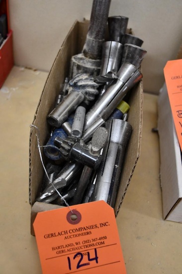 BIN WITH CHUCK, COLLETS AND ASSORTED TOOLING