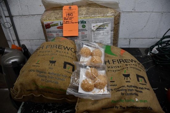 BAG OF LAWN REPAIR MIX +2 BAS OF AUTHENTIC IRISH PEAT, BURLAP, PARTIAL BARREL OF GARDEN HOSE