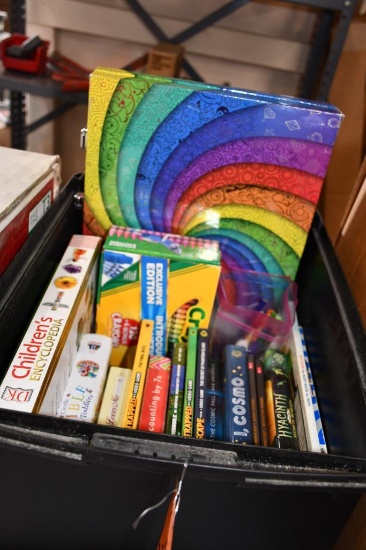 ASSORTED BOOK, MOSTLY CHILDRENS, CRAYONS, ART KIT, MISC.