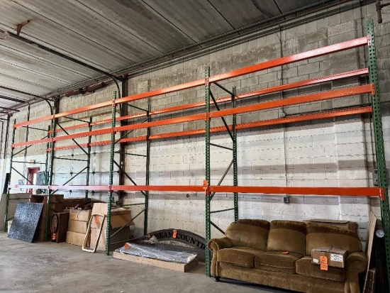 (4) SECTIONS OF ORANGE AND GREEN TEAR DROP PALLET RACKING - NO CONTENTS