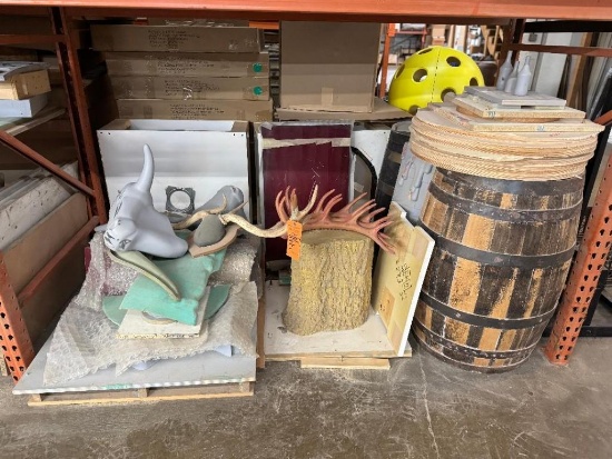 THIS SECTION ON FLOOR OF PALLET RACK: ASSORTED MOLDS, BARRELS, STUMPS, ANTLERS, CATTLE, MISC.