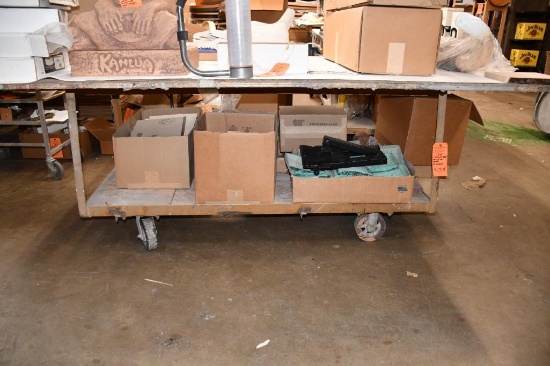 2 TIER WORK TABLE/CART, 5" STEEL CASTERS, NO CONTENTS!, 34"H X 90"L X 48"W