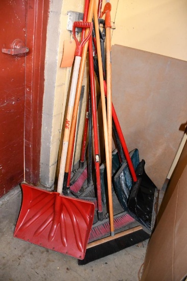 ASSORTED BROOMS, SHOVELS, MISC.