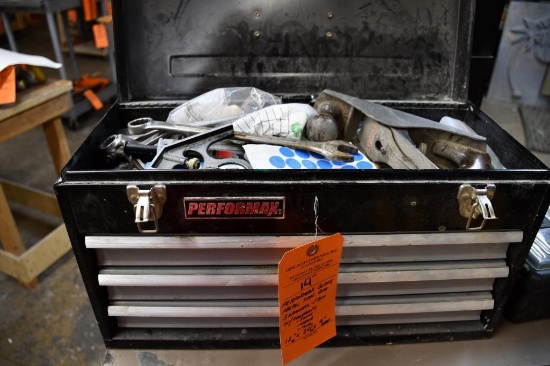 PERFORMAX BLACK METAL TOOL BOX, 3 DRAWERS/1 BIN WITH CONTENTS;