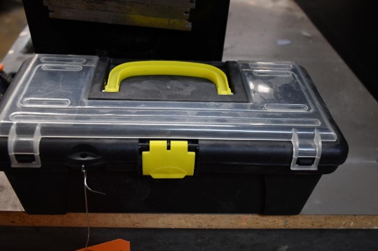 SMALL HANDY BLACK & YELLOW PLASTIC TOOL BOX WITH MULTI COMPARTMENTS WITH CONTENTS;