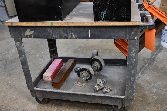 TWO TIER PLASTIC GLOBAL SHOP CART WITH 5" CASTERS AND PARTICLE BOARD TOP SHELF,