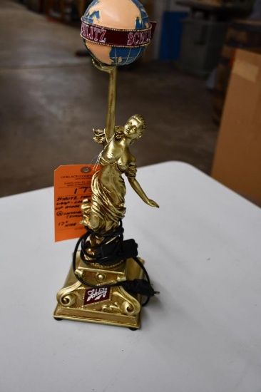 SCHLITZ STATVETTE LAMP, LADY HOLDING UP GLOBE, UNIVERSAL PLUG (EUROPEAN?), 17"H