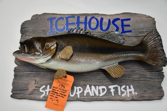 MILLER ICE HOUSE "SHUT UP & FISH" URETHANE MOUNTED LARGE MOUTH BASS WALL SIGN, 22"W X 18"H