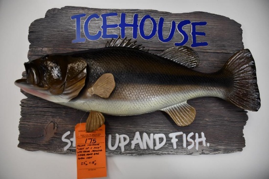 MILLER ICE HOUSE "SHUT UP & FISH" URETHANE MOUNTED LARGE MOUTH BASS WALL SIGN, 22"W X 18"H