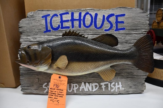 MILLER ICE HOUSE "SHUT UP & FISH" URETHANE MOUNTED LARGE MOUTH BASS WALL SIGN, 22"W X 18"H