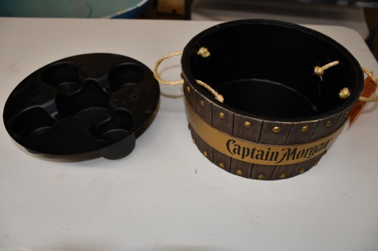 CAPTAIN MORGAN COMBO ICE BUCKET, 4 GLASS, 1 BOTTLE, CADDY/STAND, 6"H, 12" DIAMETER