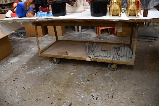 2 TIER WORK TABLE, 6" CASTERS, METAL/WOOD TOP, NO CONTENTS, 37"H X 96"W X 50"D