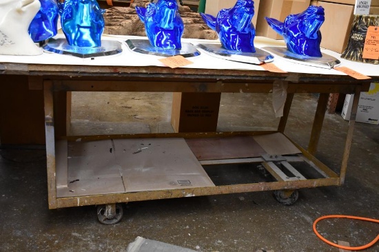 2 TIER WORK TABLE, 6" CASTERS, METAL/WOOD TOP, NO CONTENTS, 37"H X 96"W X 50"D