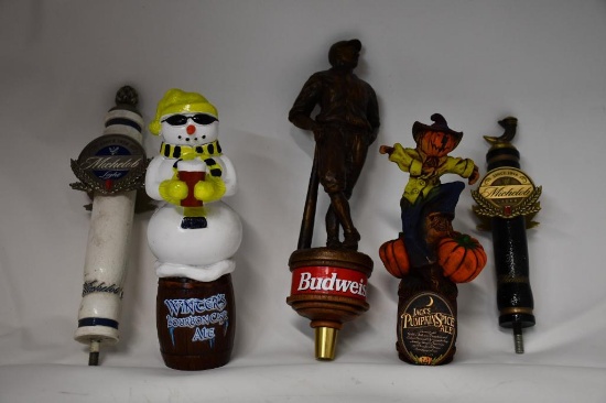 (5) TAP MARKERS: WINTER ALE, JACKS PUMPKIN, SM MICHILOB LAGER, BUDWEISER,