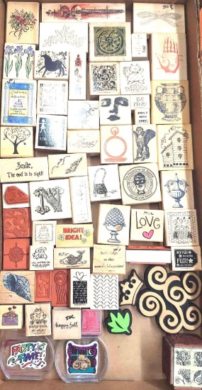 (60) MISC. RUBBER STAMPS: DIFFERENT "SAYINGS", HORSE, HAND, FLOWERS, ETC.