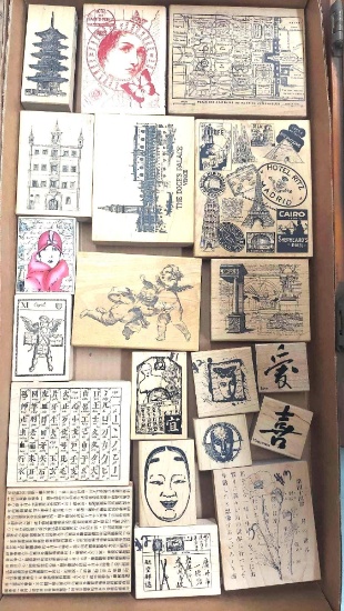 (20) INTERNATIONAL RUBBER STAMPS: FRENCH, CHINESE, CUPID, ETC.