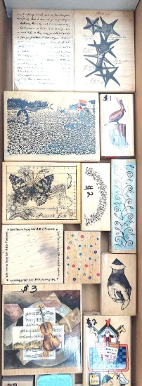 (15) MISC RUBBER STAMPS: BUTTERFLIES, HAND, ARC, ETC.