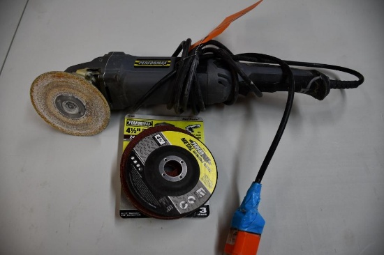 PERFORMAX CORDED ANGLE GRINDER WITH ASSORTED FIBER DISCS AND GRINDING WHEEL, PLUG IN ROUGH SHAPE