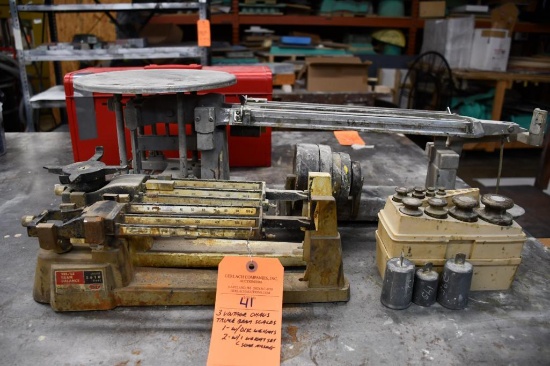 (3) VINTAGE OHAUS TRIPLE BEAM SCALES - (1) WITH DISC WEIGHTS AND (2) WITH ONE WEIGHT SET,
