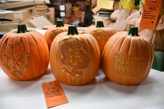 (5) ASSORTED POLYURETHANE 10" PUMPKINS, CARVED DESIGN