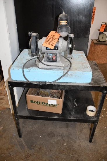DELTA MODEL GR275 6" VARIABLE SPEED GRINDER W/LIGHT, MOUNTED ON WOOD BLOCK W/BLACK METAL