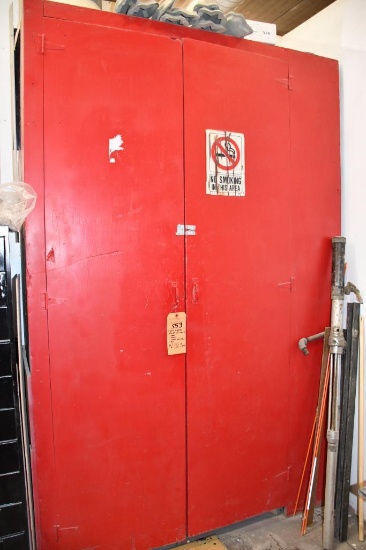 2 DOOR WOODEN CABINET W/CONTENTS: TOOLS, HARDWARE, PLASTIC BINS/PAILS, MISC., 84"H X 55"W X 19"D