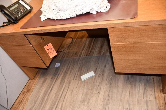 DESK, BROWN WOOD W/4 DRAWER & KEY, 30" X 59" & MATCHING CREDENZA W/4 DRAWERS, 20" X 62"