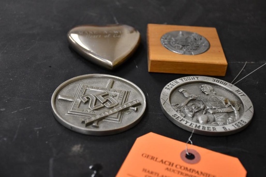 PAPERWEIGHTS: MAKE A WISH, ROBIN YOUNT 3,000TH HIT, BREWERS 25TH ANNIVERSARY, BERGAMDT BRASS XMAS