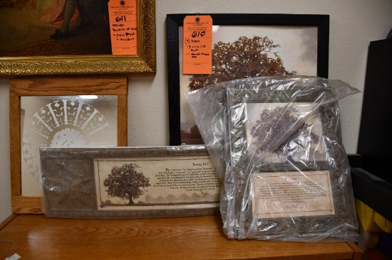 (4) ITEMS: 3 LIVING LIFE PRINTS, 1 FRAMED MIRROR DECO