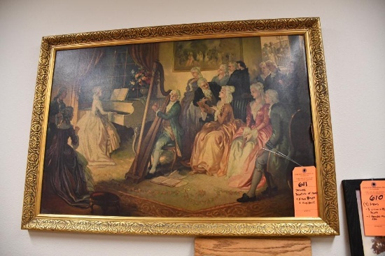 FRAMED PICTURE OF HARP AND PIANO PLAYER AND AUDIENCE