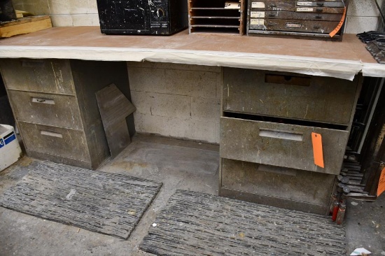 (2) THREE DRAWER METAL STORAGE CABINETS WITH CONTENTS IN DRAWERS, WOOD TOP MAY BE ATTACHED,