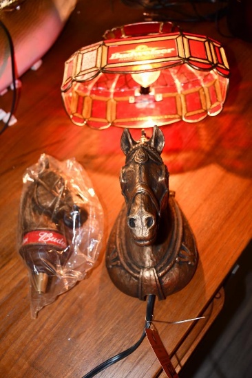 BUDWEISER "TIFFANY LAMP LOOK" WAR HORSE LIGHT AND BUDWEISER BEER TAPPER